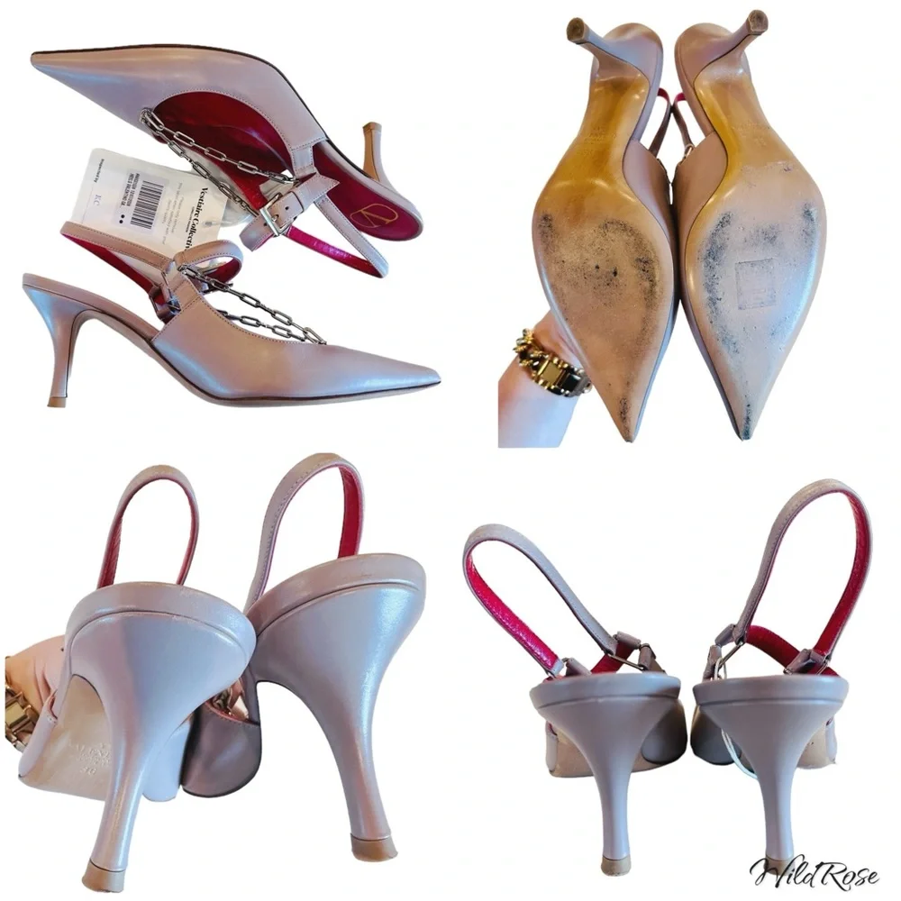 VALENTINO GARAVANI Nude Valentino V Logo Silver Chain Detail Slingback Pumps 36 - Picture 15 of 17